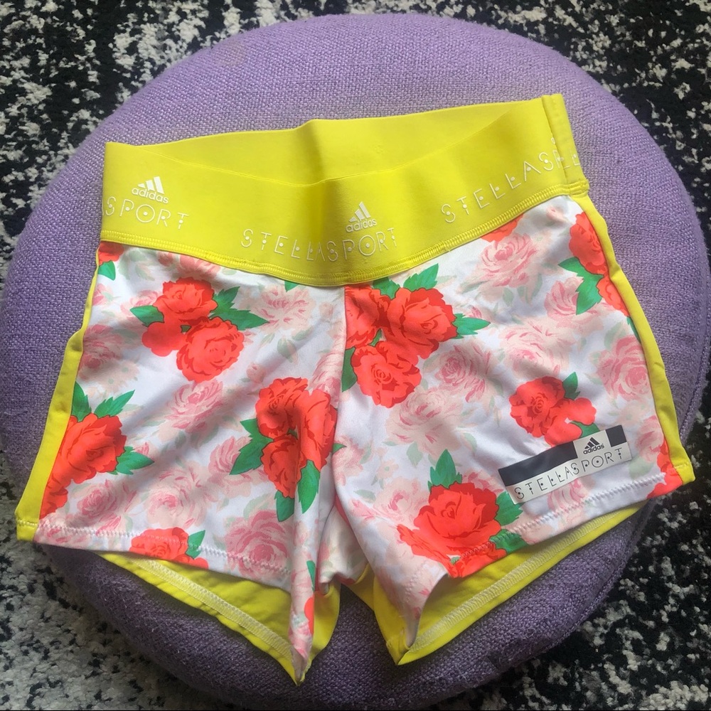 Adidas Stella McCartney Floral Peachy Compression Short Shorts in Yellow, orange